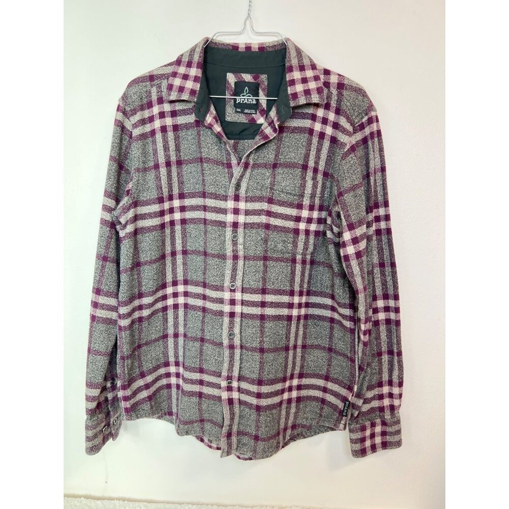 Prana Organic Cotton Thick Plaid Button Down Shirt Gray Purple S Small